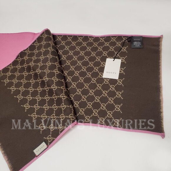 GUCCI SCARF REVERSIBLE PINK GG MONOGRAM LOGO WOOL SILK 71" - Picture 10 of 16